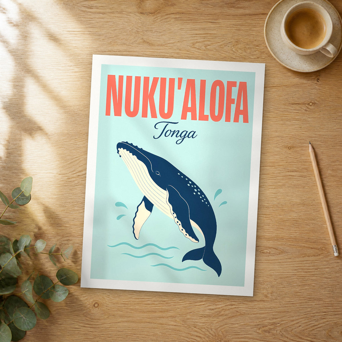 Unframed Nuku'alofa pop art travel poster on a wooden table
