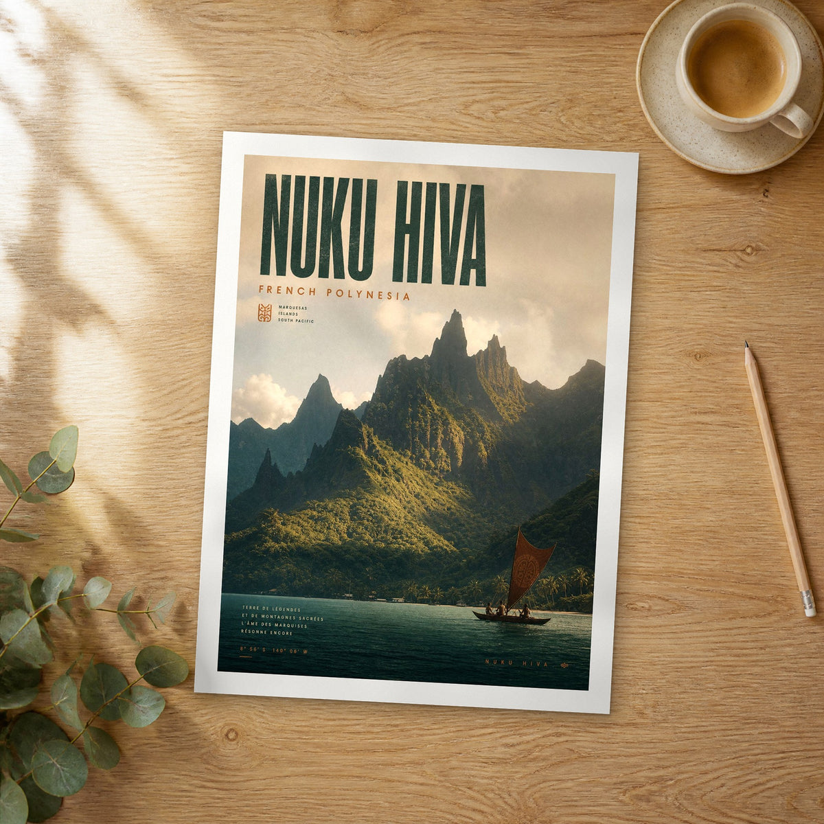 Unframed Nuku Hiva bold typography travel poster on a wooden table