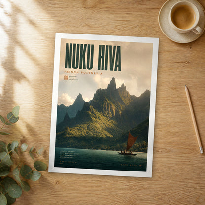 Unframed Nuku Hiva bold typography travel poster on a wooden table
