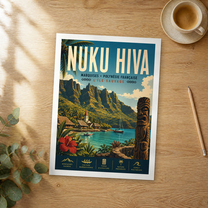 Unframed Nuku Hiva retro travel poster on a wooden table