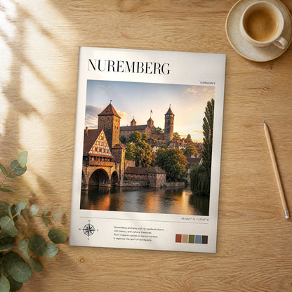 Unframed Nuremberg modern photography travel poster on a wooden table