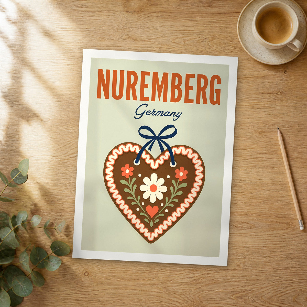 Unframed Nuremberg pop art travel poster on a wooden table