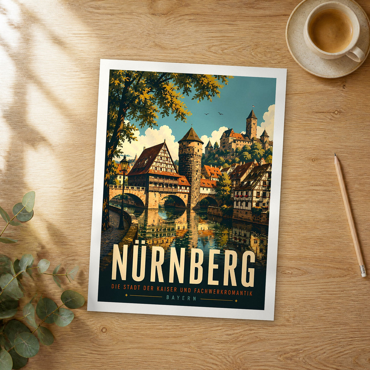 Unframed Nürnberg retro travel poster on a wooden table