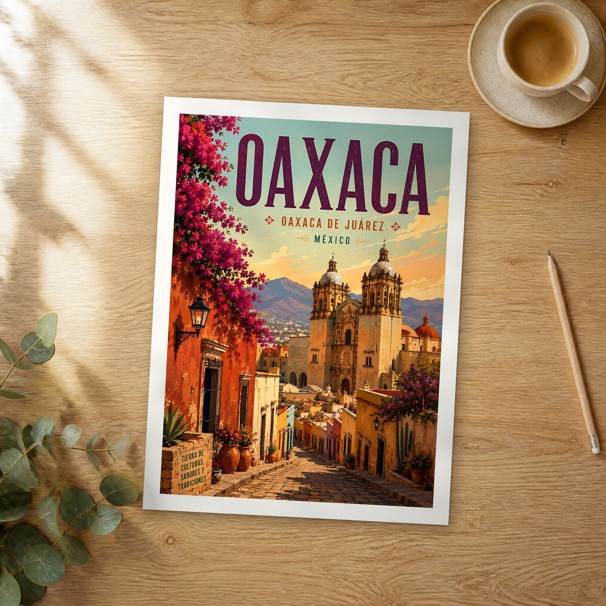 Unframed Oaxaca retro travel poster on a wooden table