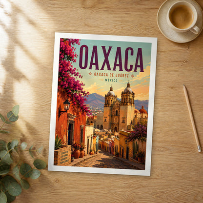 Unframed Oaxaca retro travel poster on a wooden table