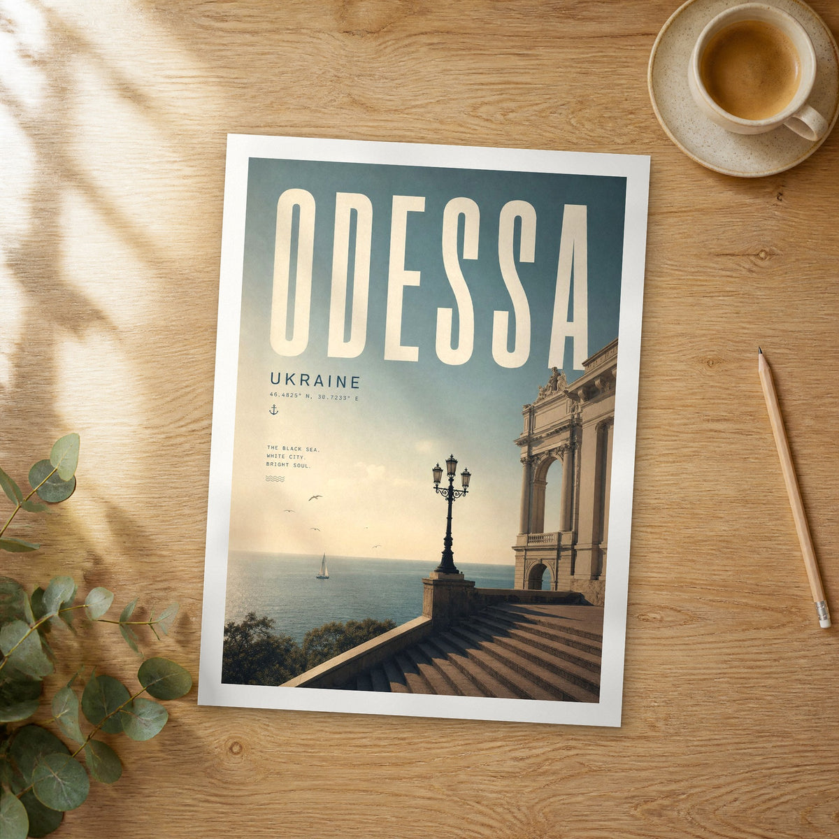 Unframed Odessa bold typography travel poster on a wooden table
