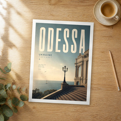 Unframed Odessa bold typography travel poster on a wooden table