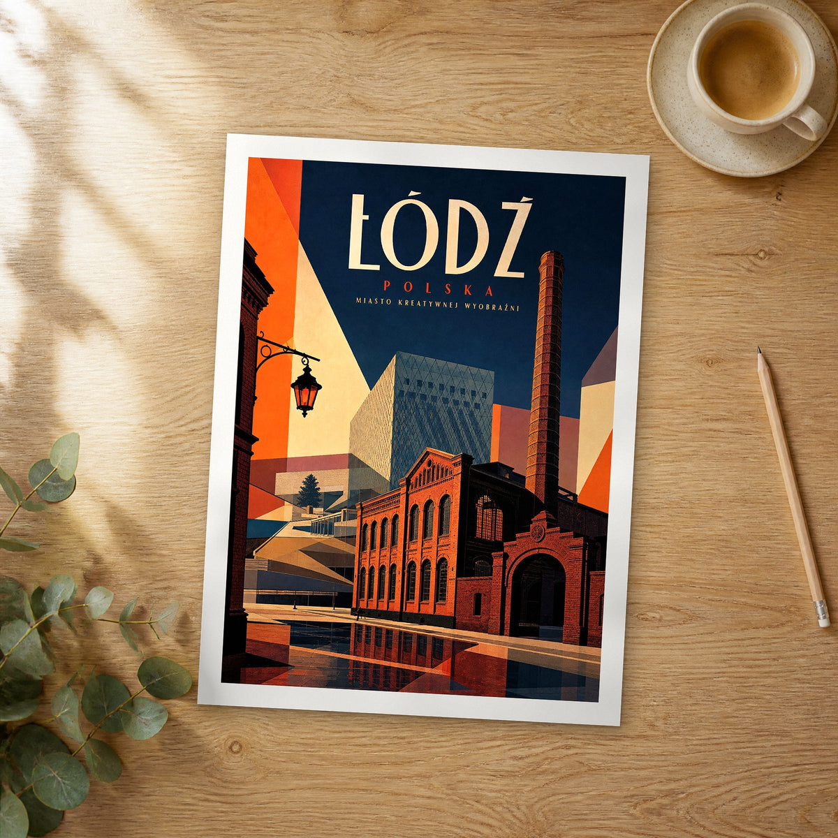 Unframed Łódź retro travel poster on a wooden table