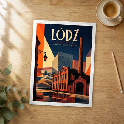 Unframed Łódź retro travel poster on a wooden table