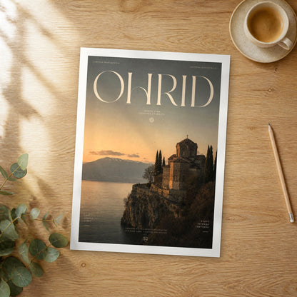 Unframed Ohrid bold typography travel poster on a wooden table