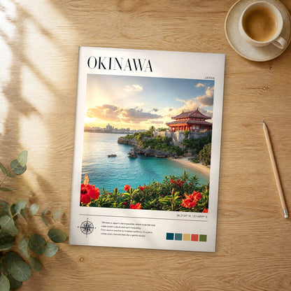 Unframed Okinawa modern photography travel poster on a wooden table