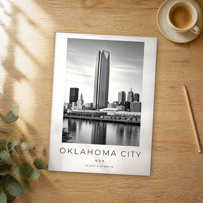 Unframed Oklahoma City black and white travel poster on a wooden table