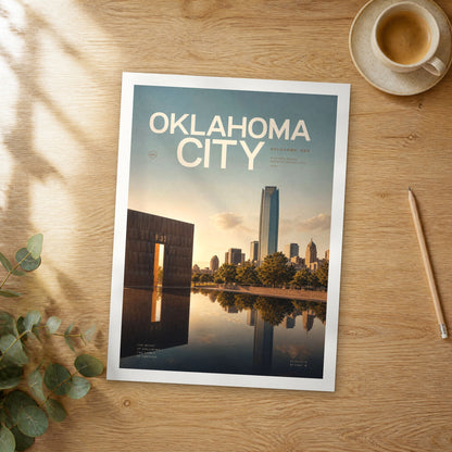 Unframed Oklahoma City bold typography travel poster on a wooden table