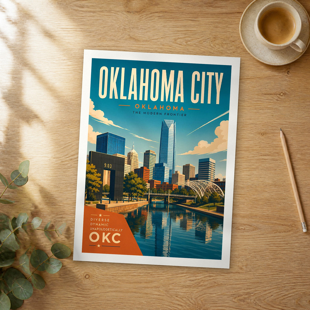 Unframed Oklahoma City retro travel poster on a wooden table