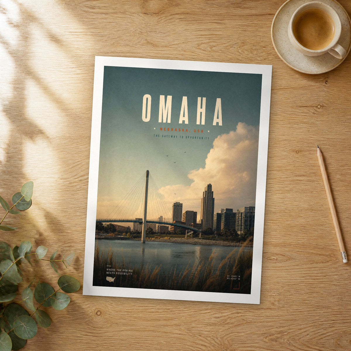 Unframed Omaha bold typography travel poster on a wooden table
