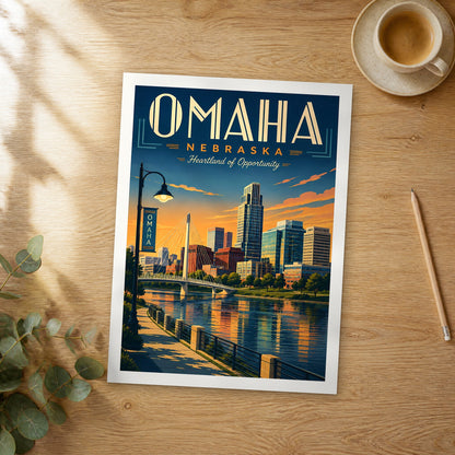 Unframed Omaha retro travel poster on a wooden table