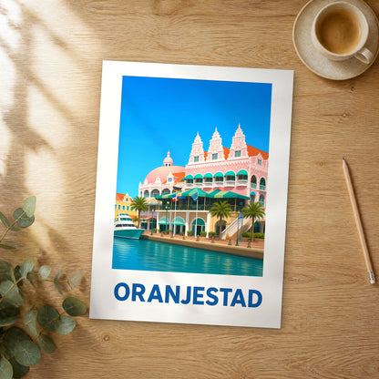 Unframed Oranjestad modern digital travel poster on a wooden table
