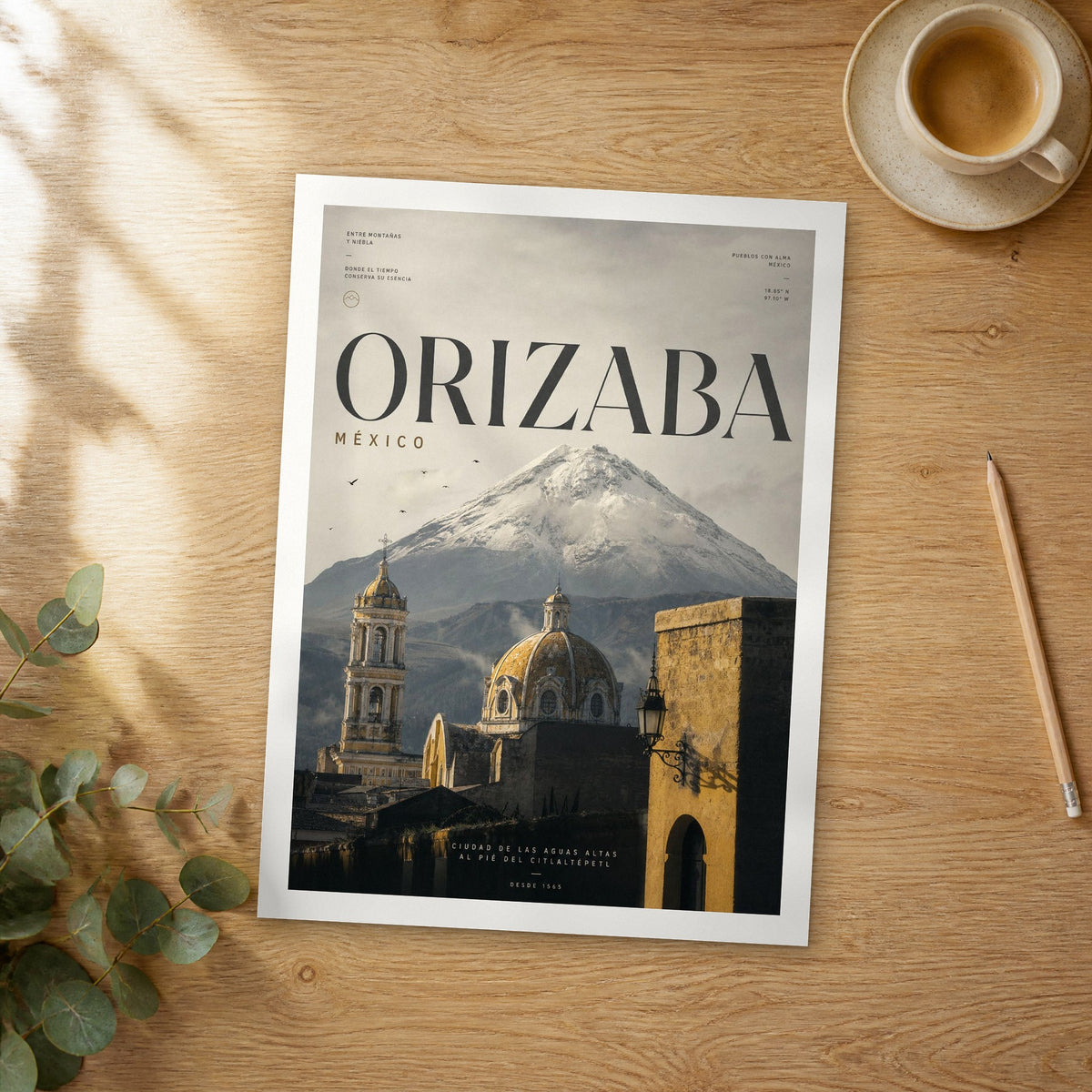 Unframed Orizaba bold typography travel poster on a wooden table