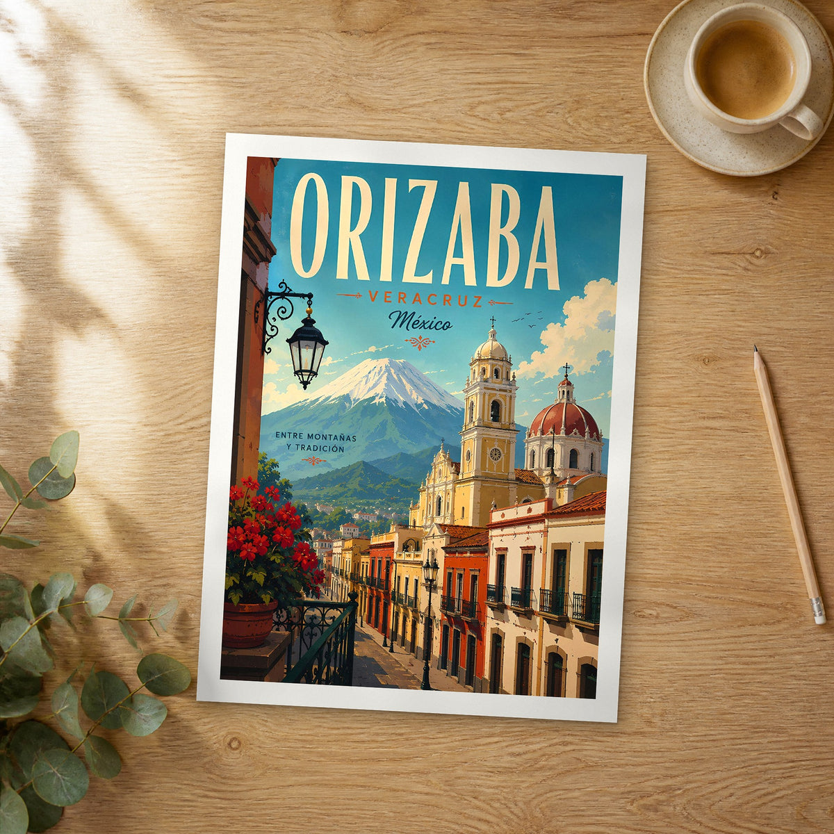 Unframed Orizaba retro travel poster on a wooden table