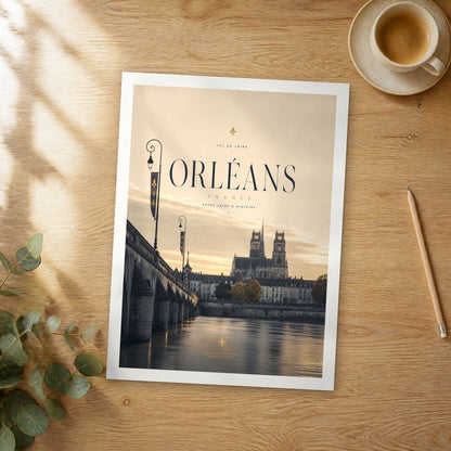 Unframed Orléans bold typography travel poster on a wooden table