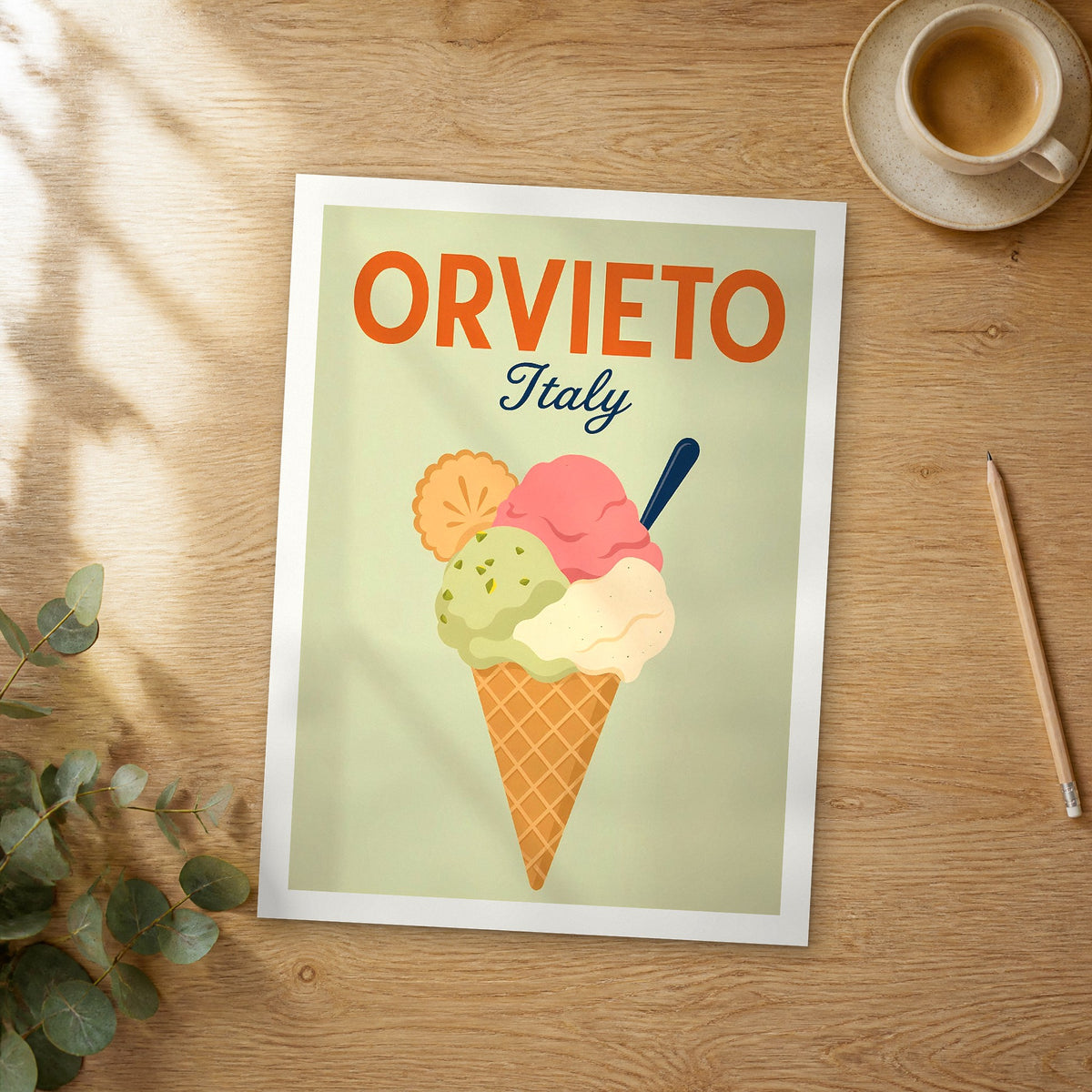Unframed Orvieto pop art travel poster on a wooden table