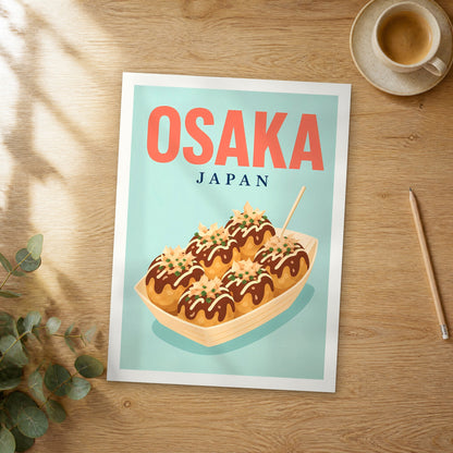 Unframed Osaka pop art travel poster on a wooden table