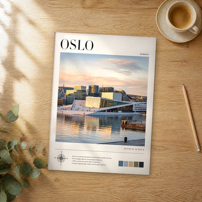 Unframed Oslo modern photography travel poster on a wooden table