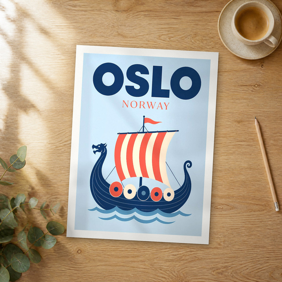 Unframed Oslo pop art travel poster on a wooden table