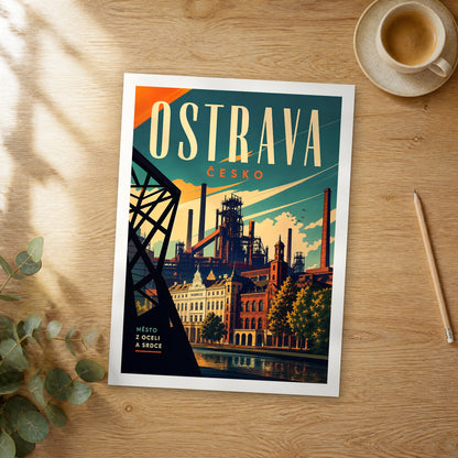 Unframed Ostrava retro travel poster on a wooden table