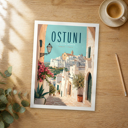 Unframed Ostuni Whitewashed Alley View retro travel poster on a wooden table