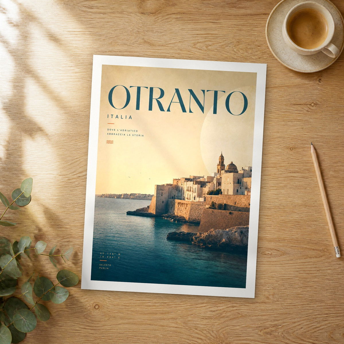 Unframed Otranto bold typography travel poster on a wooden table