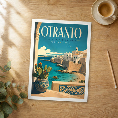 Unframed Otranto Coastal Walls and Cove retro travel poster on a wooden table