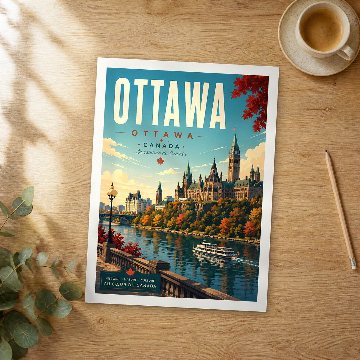 Unframed Ottawa retro travel poster on a wooden table