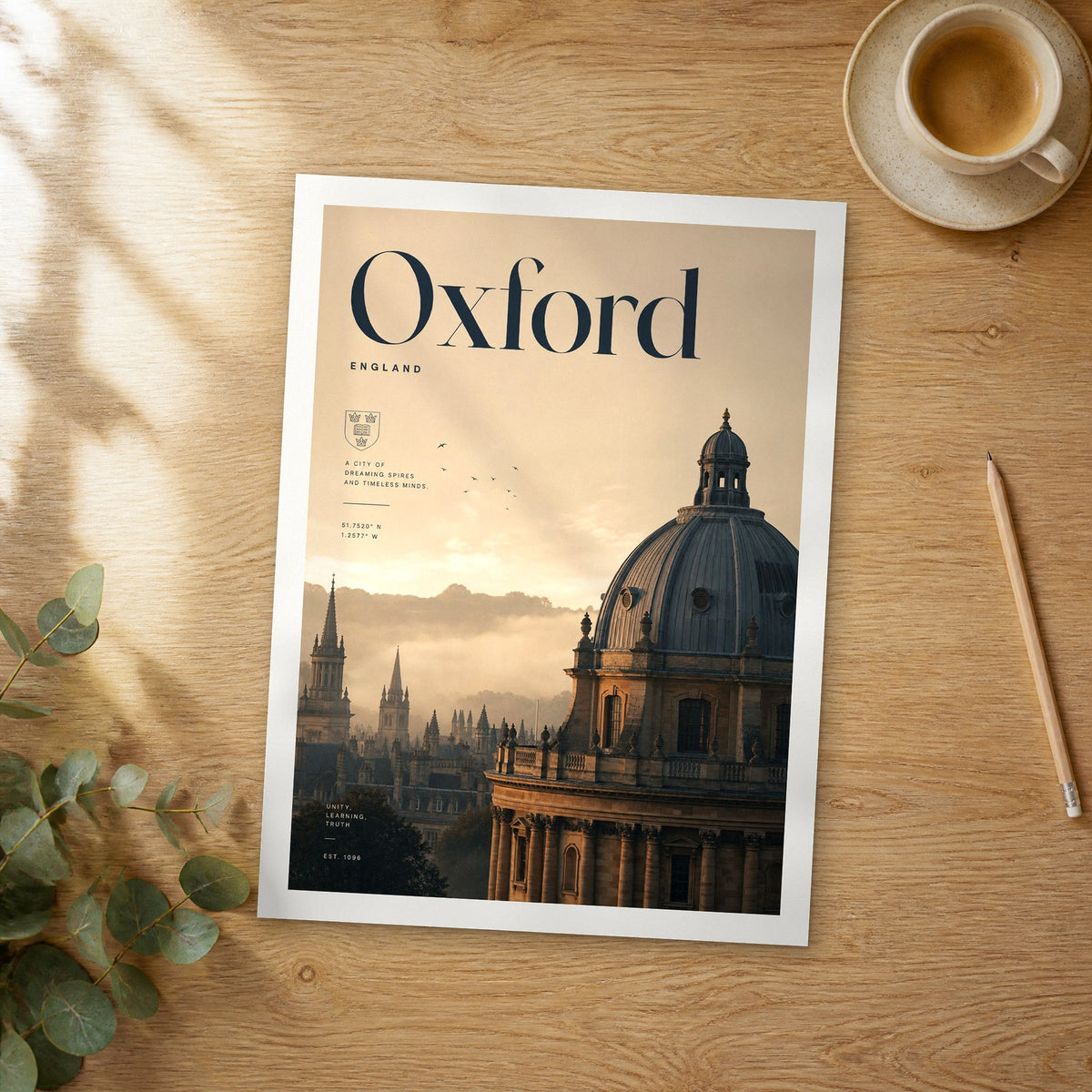 Unframed Oxford bold typography travel poster on a wooden table