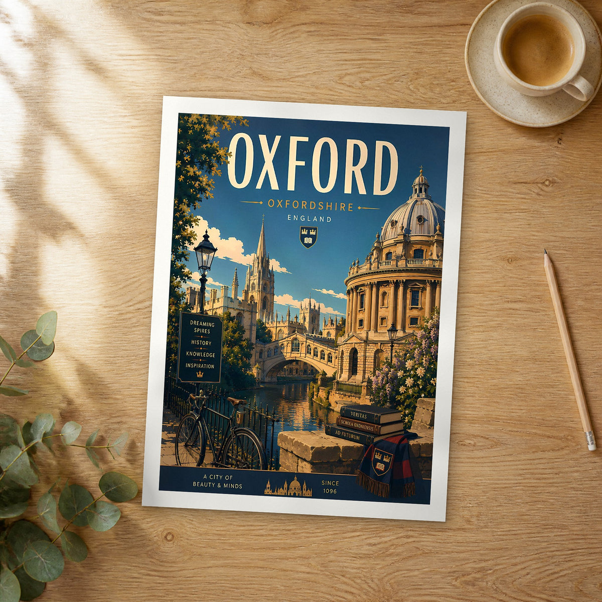 Unframed Oxford retro travel poster on a wooden table