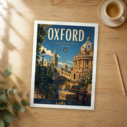 Unframed Oxford retro travel poster on a wooden table