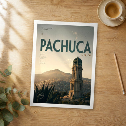 Unframed Pachuca bold typography travel poster on a wooden table