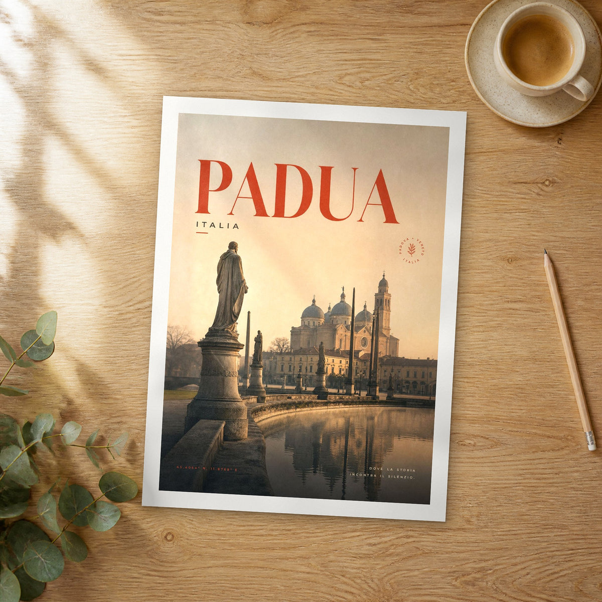 Unframed Padua bold typography travel poster on a wooden table