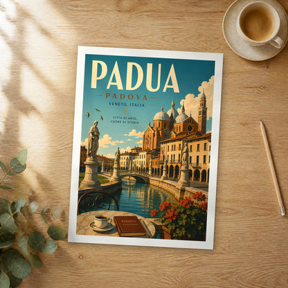 Unframed Padua retro travel poster on a wooden table