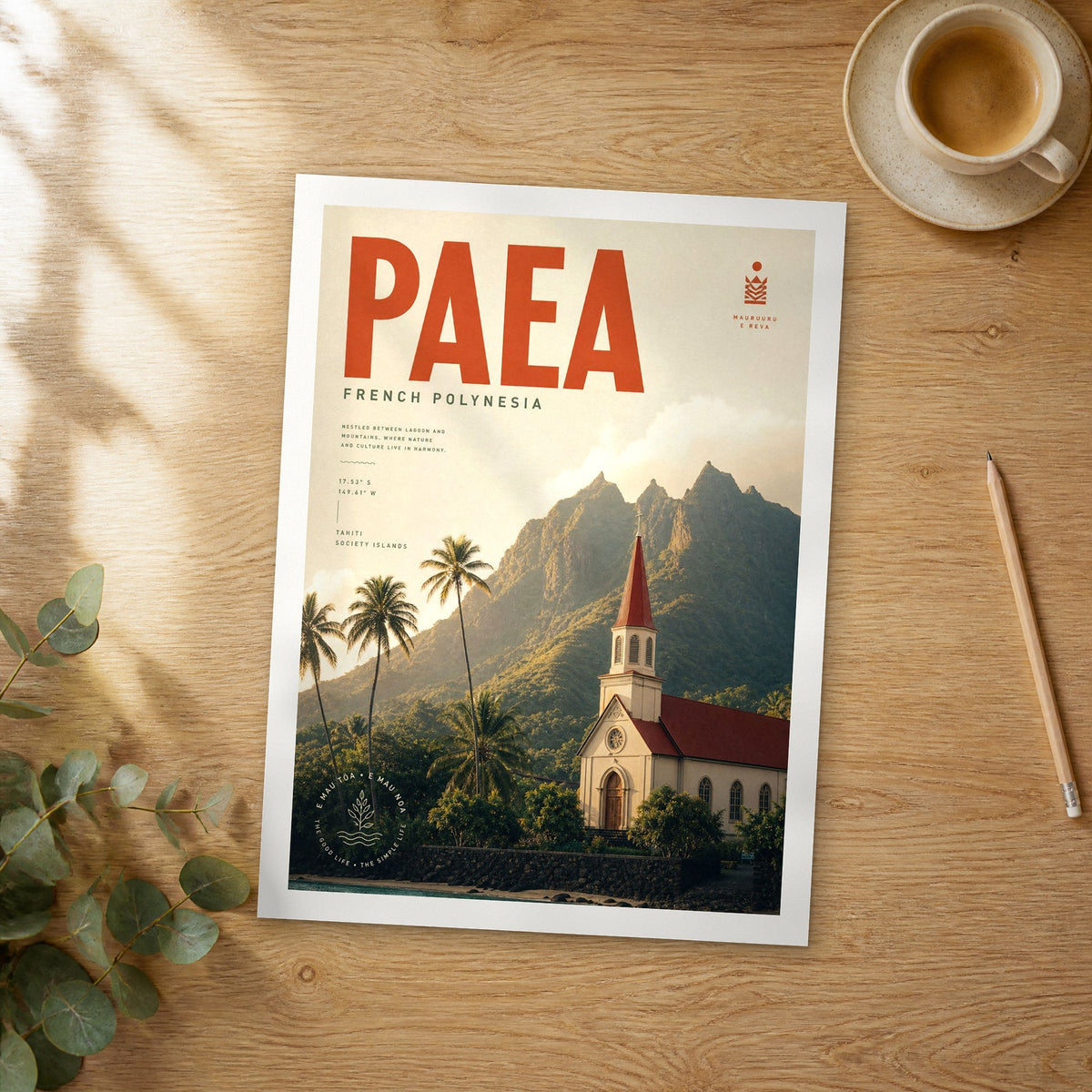 Unframed Paea bold typography travel poster on a wooden table