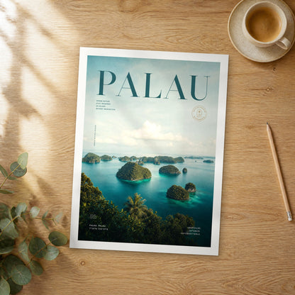 Unframed Palau bold typography travel poster on a wooden table