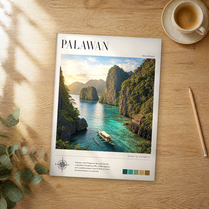 Unframed Palawan modern photography travel poster on a wooden table