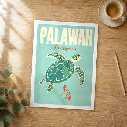 Unframed Palawan pop art travel poster on a wooden table