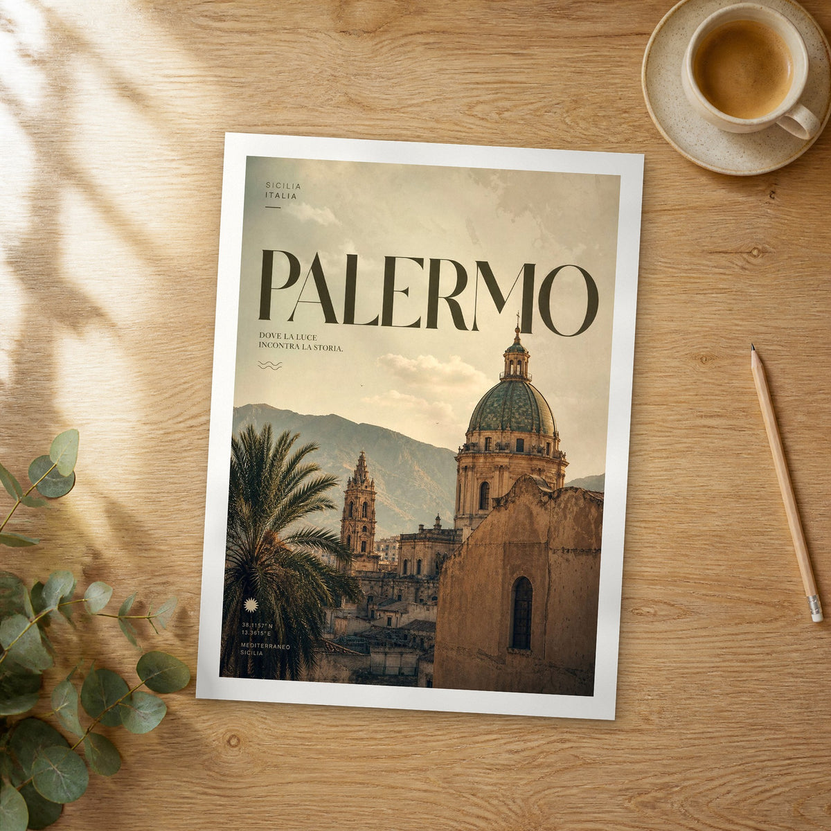 Unframed Palermo bold typography travel poster on a wooden table