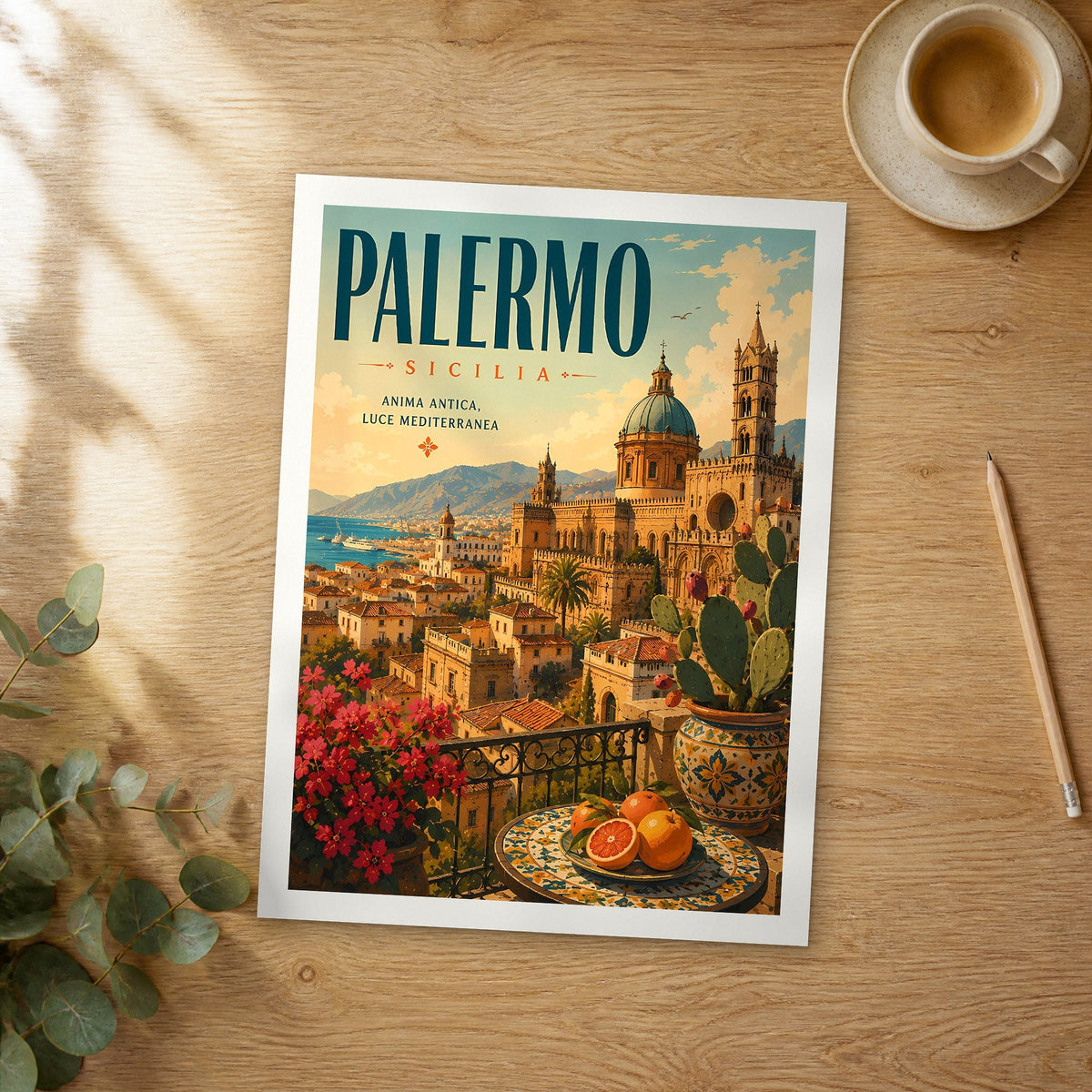 Unframed Palermo retro travel poster on a wooden table