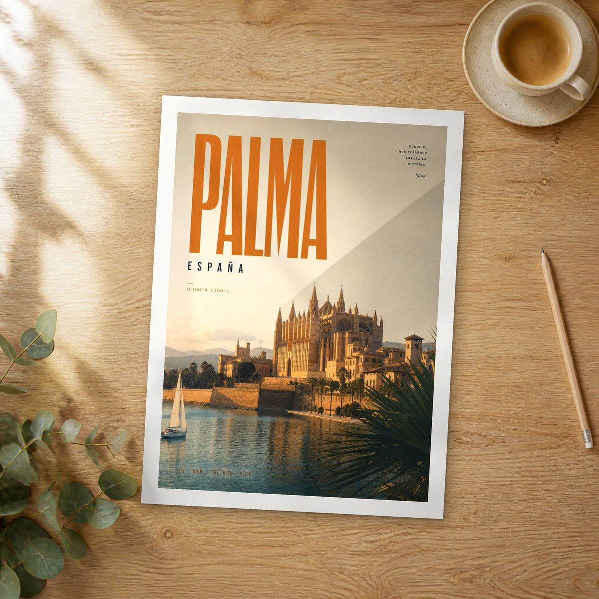Unframed Palma bold typography travel poster on a wooden table