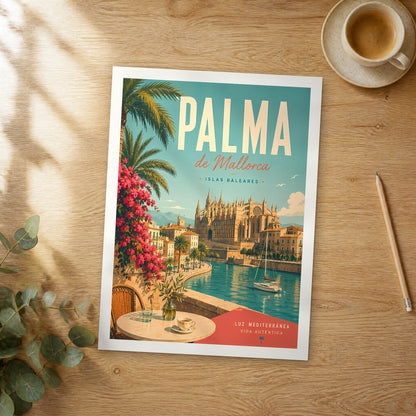 Unframed Palma retro travel poster on a wooden table