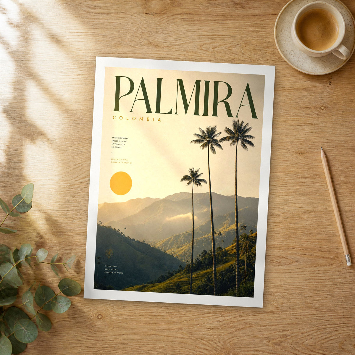 Unframed Palmira bold typography travel poster on a wooden table