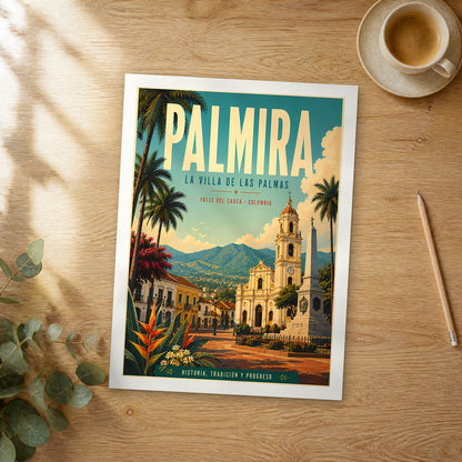 Unframed Palmira retro travel poster on a wooden table