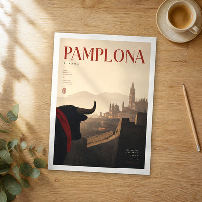 Unframed Pamplona bold typography travel poster on a wooden table